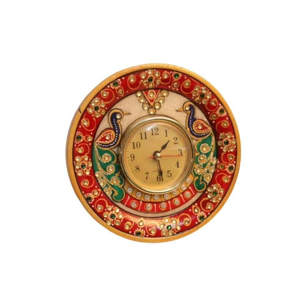 Rounded Marble Peacock Painted Decorative Marble Table Clock